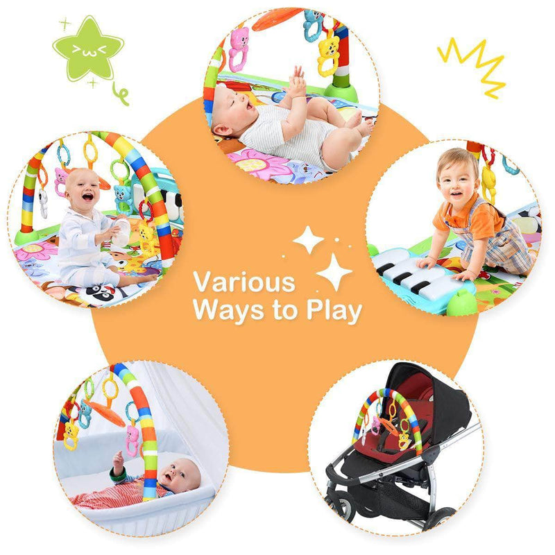 Peqon Baby Crawling & Play Mat with 5 Educational Sensory Activity Gym Toy Rack plus Piano